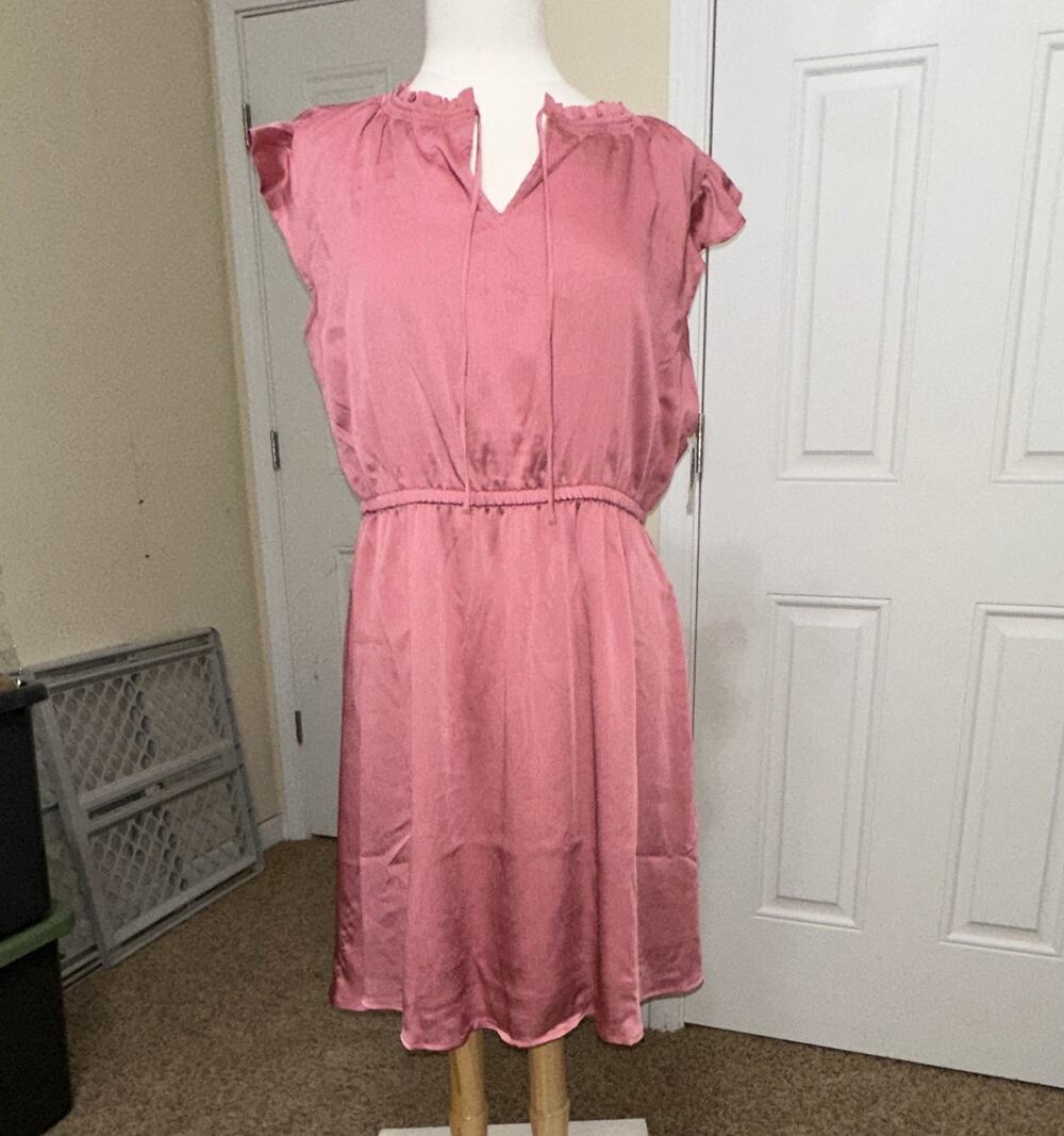 Old Navy Womens Pink Solid Satin V-Neck Fit & Flare Knee Dress Lined L